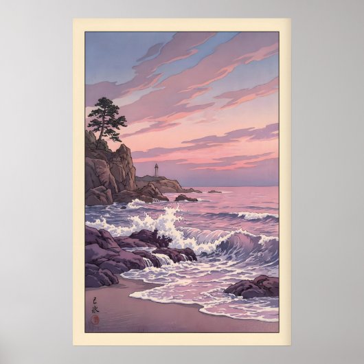 Poster Lighthouse Sunset Print Muted Blue and Pink (Devant)