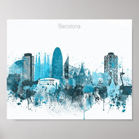 Poster Ligne aérienne bleue monochrome de Barcelone (Devant)