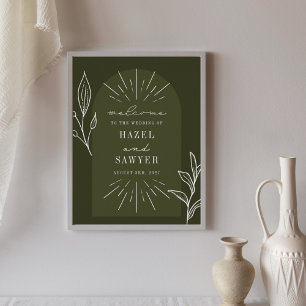 Poster Ligne Art Script Mariage vert Bienvenue