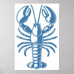 Poster Ligne de homard minimaliste Art bleu Outline Nauti