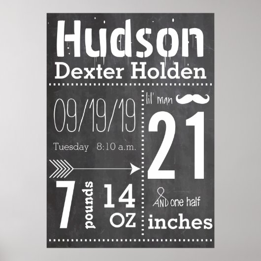 Poster Lil Man Mustache Chalkboard Garçon Baby Stat Flèch (Devant)