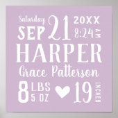 Poster Lilac Baby Girl Birth Stats Keepsaké (Devant)