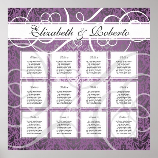 Poster Lilac Damask 12 Table Mariage Plan de siège Tablea (Devant)
