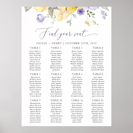 Poster Lilac Flower, Yellow Flower, Wedding Seating Chart (Devant)