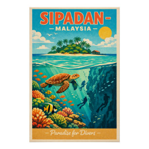 Poster L'île de Sipadan, Malaisie, dans un style rétro tr