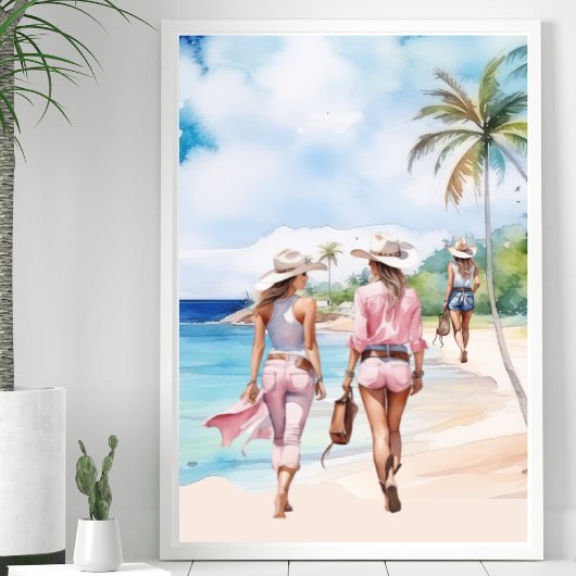 Poster L'île tropicale des trois cow-girl côtières roses