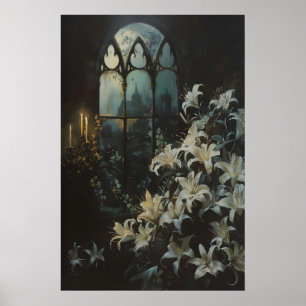 Poster Lilies gothiques Fleurs Chandelle Château Art, Som
