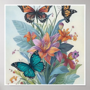 Poster Liliums et Papillons Colorés