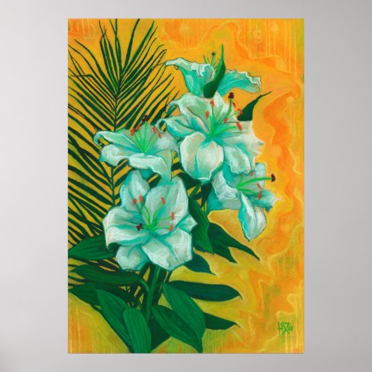 Poster Lily Fleurs Feuille de palmier, peinture d'art flo (Devant)