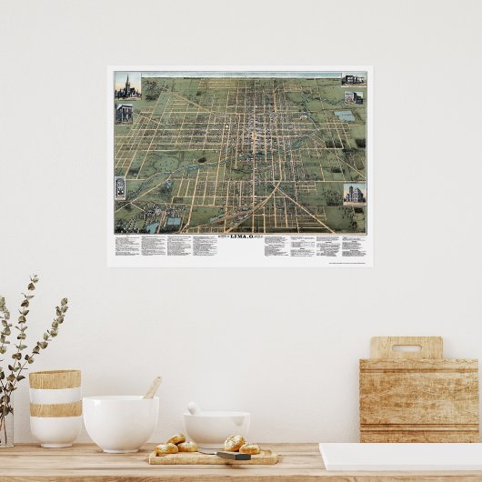 Poster Lima, OH Carte panoramique - 1892 (Cuisine)
