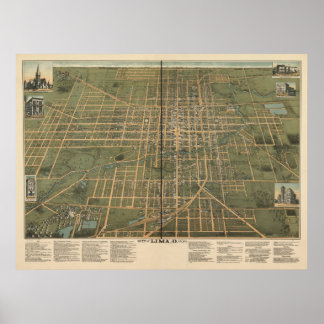Poster Lima Ohio 1892 Carte panoramique antique