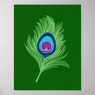 Poster Lime et plumes de paon bleu sur vert émeraude
