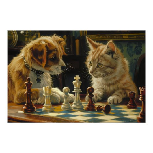 Poster L'impasse des boursiers | Chat et chien jouer aux  (Devant)