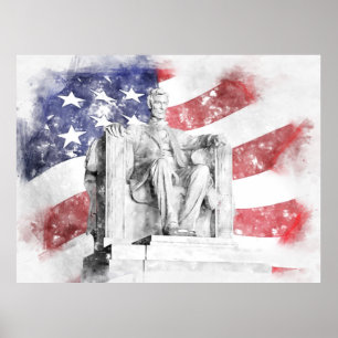 Poster Lincoln Memorial aquarelle drapeau américain qui f