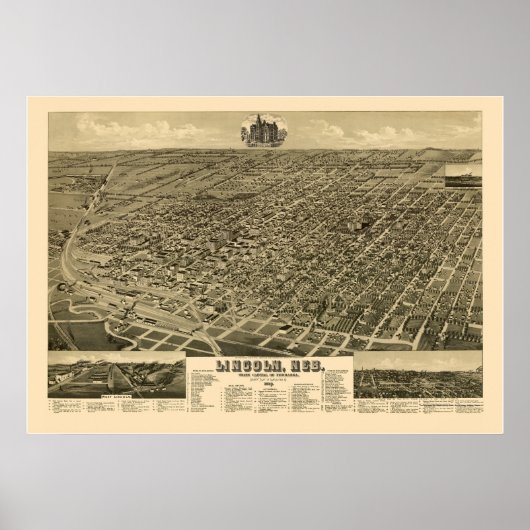 Poster Lincoln, NE Carte panoramique - 1889 (Devant)