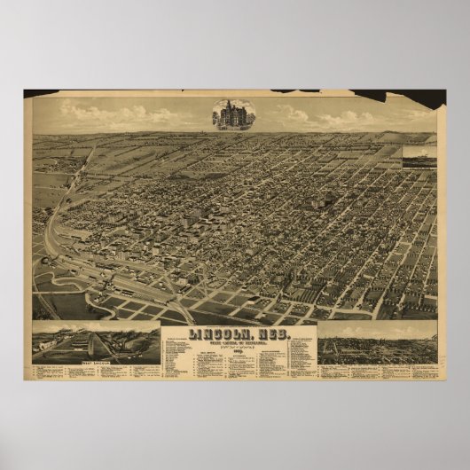 Poster Lincoln Nebraska 1889 Antique carte panoramique (Devant)