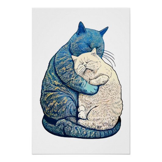 Poster Linocut Blanc et Noir Chat couchent ensemble (Devant)