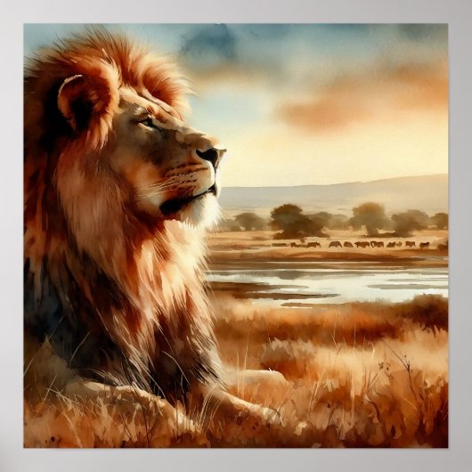 Poster Lion aquarelle sur la savane (Devant)
