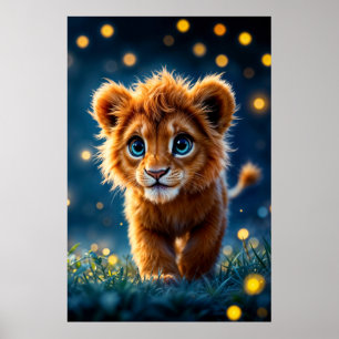 Poster Lion aux yeux bleus enchanté dans lueur de luciole