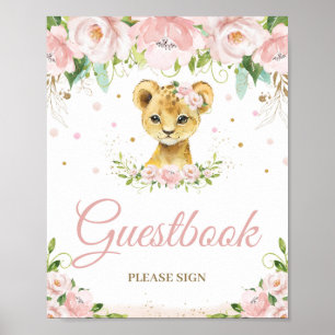 Poster Lion Blush rose Baby shower floral panneau d'or