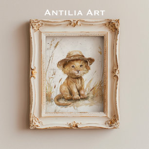 Poster Lion Cub en Casquette Whimsical Art Rustique