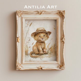 Poster Lion Cub en Casquette Whimsical Art Rustique