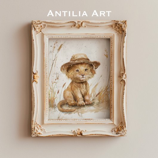 Poster Lion Cub en Casquette Whimsical Art Rustique