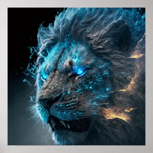 Poster Lion de feu bleu cosmique (Devant)