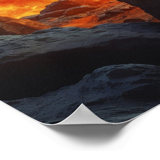 Poster Lion de flammes brûlant volcan feu imaginaire art (Coin)