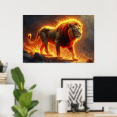 Poster Lion de flammes brûlant volcan feu imaginaire art (Bureau à domicile)