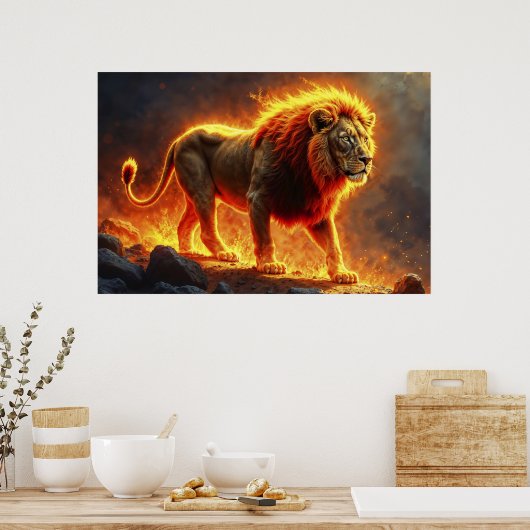 Poster Lion de flammes brûlant volcan feu imaginaire art (Cuisine)