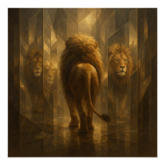 Poster Lion d'Or dans un Labyrinthe de Miroirs – Majestue