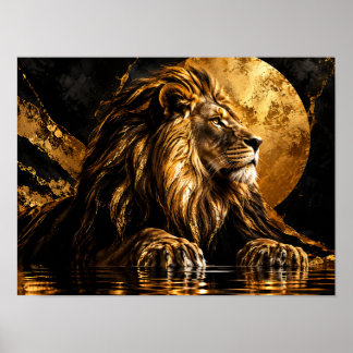 Poster Lion doré métallique au clair de lune