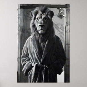 Poster Lion drôle en robe de chambre imprimé, salle de ba