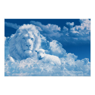 Poster Lion et agneau dans les nuages