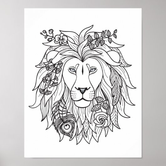 Poster Lion Et Fleurs Doodle 2 (Devant)
