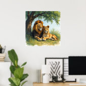 Poster Lion et lionne sous un arbre (Bureau à domicile)