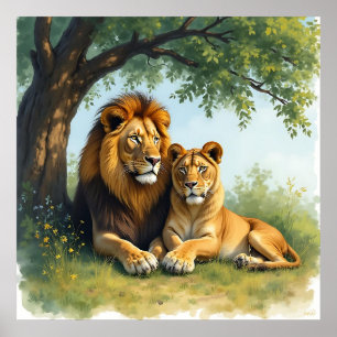 Poster Lion et lionne sous un arbre