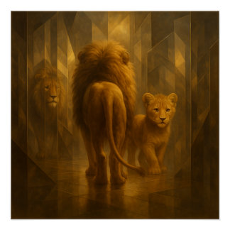 Poster Lion et Petit dans un Labyrinthe de Miroirs Dorés