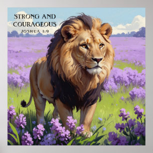 Poster Lion étonnant dans Lilac Flower Field Faith