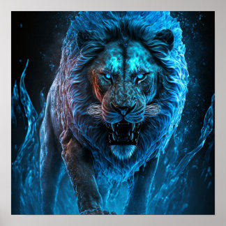 Poster Lion feu bleu
