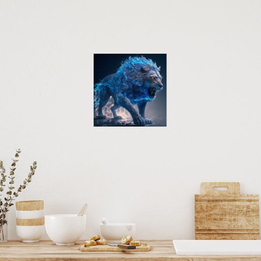 Poster Lion feu Flames bleu (Cuisine)