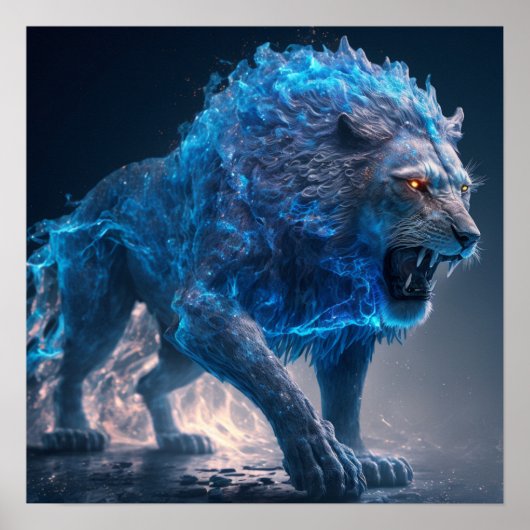 Poster Lion feu Flames bleu (Devant)