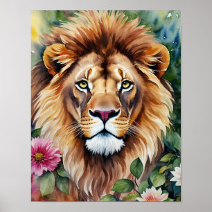 Poster Lion Floral Aquarelle Portrait Art