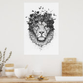 Poster Lion floral (noir et blanc) (Cuisine)