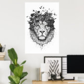 Poster Lion floral (noir et blanc) (Bureau à domicile)