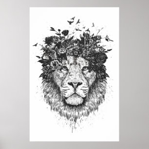 Poster Lion floral (noir et blanc)