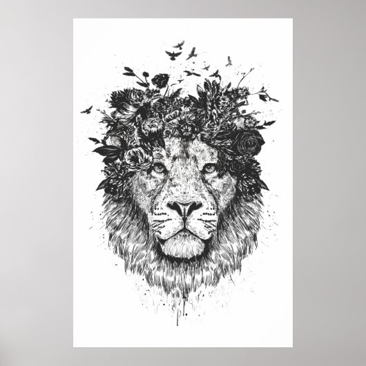 Poster Lion floral (noir et blanc) (Devant)