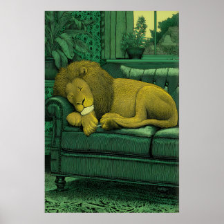 Poster Lion Illustration Print Serene Indoor Setting