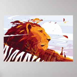 Poster Lion majestueux en safari Roi des bêtes couché et